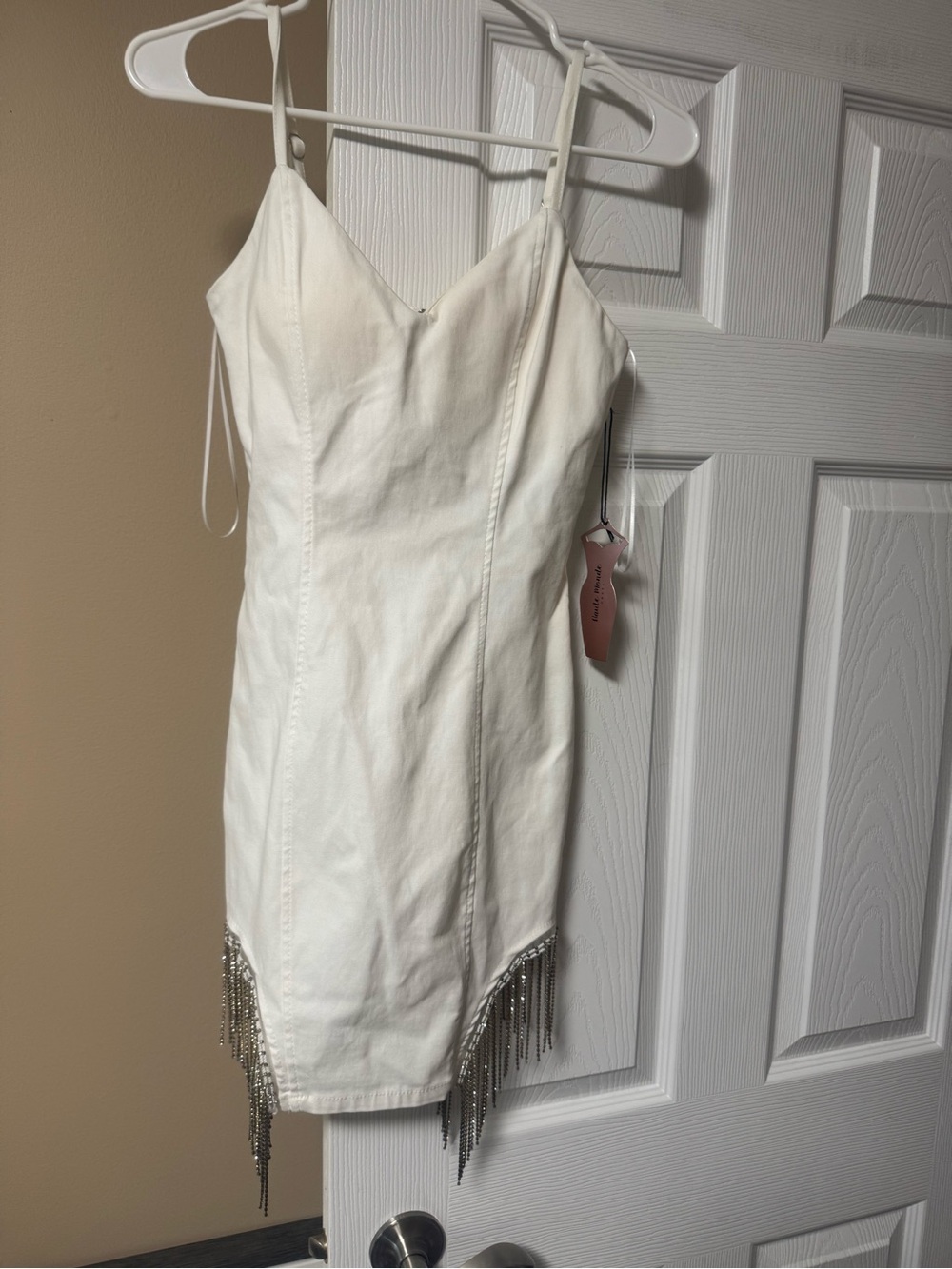 White Spaghetti Strap Mini Dress with Fringe